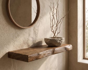 May include: A rectangular wooden floating shelf with a natural live edge, mounted on a textured beige wall. A stone bowl containing thin, bare, twisted branches sits on the shelf, positioned below a circular mirror with a matching wooden frame.