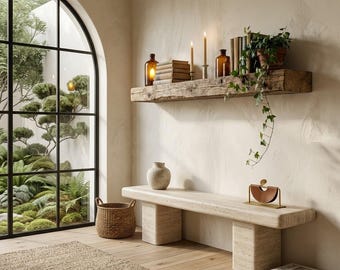 May include: A neutral-toned interior scene featuring a stone bench, a woven basket, and a wooden shelf with books, candles, and a potted plant. A large arched window offers a view of a lush garden. The room has a modern, organic aesthetic.