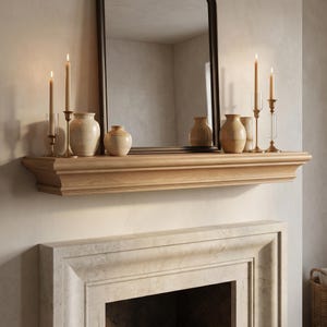 Può includere: Una mensola per camino in legno di tonalità chiara con un profilo del bordo liscio e sagomato. La mensola è montata sopra un camino in pietra e sostiene due vasi in ceramica beige, due alti portacandele in ottone e due in vetro.