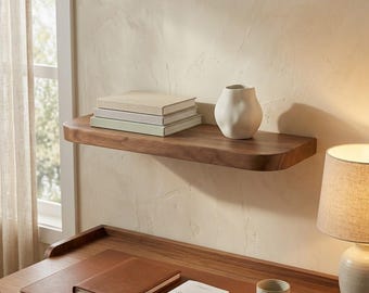 Mensola sospesa in noce massello, mensola da parete in stile scandinavo moderno, mensola minimalista in legno dalle linee arrotondate.