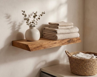 May include: A rustic wooden shelf with a natural edge is mounted on a white wall. A small white vase holds leafy branches. Stacked beige towels and a woven basket filled with fabric complete the scene, suggesting a bathroom or laundry room.