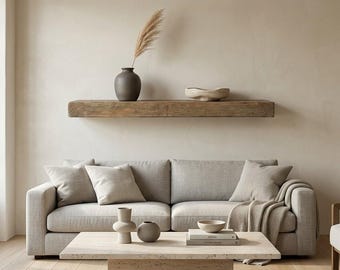 May include: A beige sofa with light gray pillows and a knit throw blanket sits behind a rectangular travertine coffee table. A wooden floating shelf above holds a dark gray vase with a dried plant stem and a beige ceramic bowl.