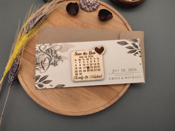 Engraved Wood Calendar Magnet Save the Date, Rustic Wedding