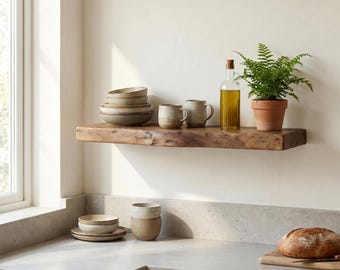 May include: A natural edge wooden floating shelf holding a stack of ceramic bowls, two ceramic mugs, a glass bottle filled with olive oil, and a potted fern in a terracotta pot. A loaf of bread sits on a wooden board on the counter below.