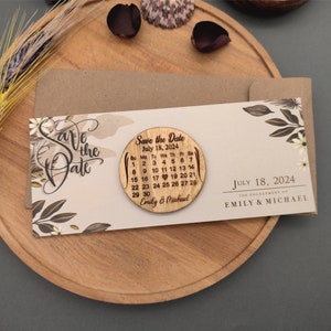 Calendario floral con imán para guardar la fecha + tarjeta de respaldo + sobre Kraft gratis, tarjeta de madera para guardar la fecha, anuncio de boda, tarjeta de fecha personalizada