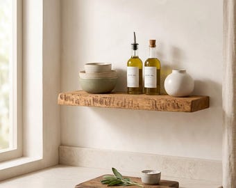 May include: A rustic wooden shelf displays olive oil bottles, ceramic bowls, and a small vase. Below, a wooden cutting board with a sprig of sage and a small bowl sits on a countertop. The scene is bathed in natural light.