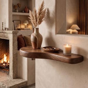 Étagère flottante en noyer bio, décoration murale asymétrique en bois, élément décoratif pour entrée
