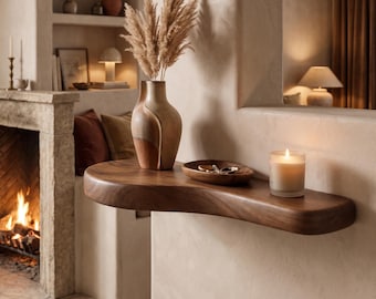 Organic Walnut Floating Shelf, Asymmetric Entryway Key Holder Shelf