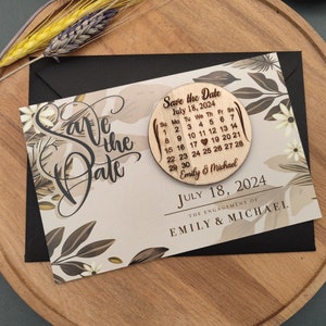 Braunes Blumenmuster Save the Date, Kalendermagnet aus Eichenholz, Save the Date Kombination, personalisierte Karte und Magnet, moderne Hochzeitskarten