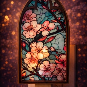 Puede incluir: Una luz de noche decorativa con un diseño de vidriera. El panel de vidrio muestra flores de cerezo rosas con hojas y ramas verdes sobre un fondo azul, enmarcado en un marco de madera. La luz de noche se enchufa a una toma de corriente.