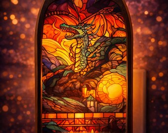 May include: A stained glass night light featuring a dragon design. The dragon is green with orange and yellow flames in the background. The night light is in a wooden frame and plugs into a wall outlet.