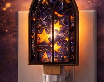 Luz nocturna LED, catedral de vitrales celestiales con estrellas y luna, galaxia, iluminación de dormitorio infantil