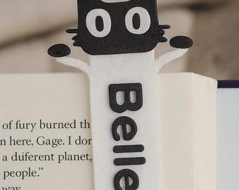 Marcapáginas personalizado con diseño de gato negro asomado, nombre o frase personalizada, accesorio de lectura