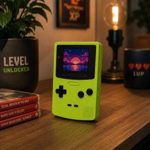 Op de afbeelding: Een limoengroene handheld gameconsole met een scherm dat een gepixeld zonsondergang toont. Het apparaat heeft zwarte knoppen en de tekst "GAMES BOOK". Game cartridges en een zwarte mok met harten en "1UP" zijn ook zichtbaar.