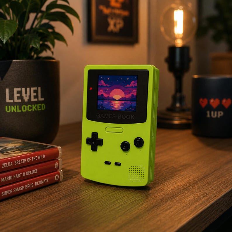 Op de afbeelding: Een limoengroene handheld gameconsole met een scherm dat een gepixeld zonsondergang toont. Het apparaat heeft zwarte knoppen en de tekst "GAMES BOOK". Game cartridges en een zwarte mok met harten en "1UP" zijn ook zichtbaar.