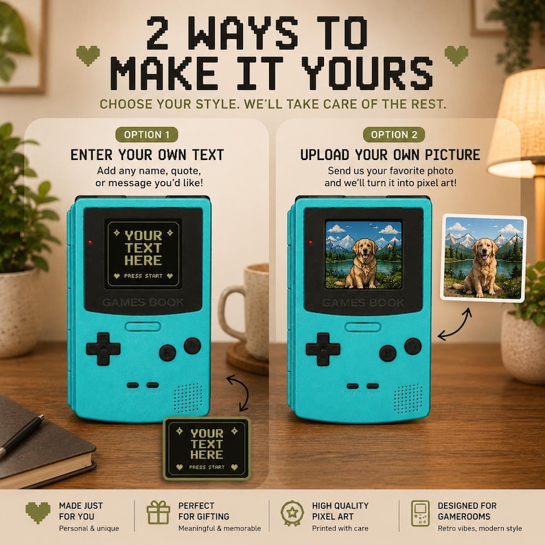 Op de afbeelding: Een turquoise pixel art-stijl apparaat met een zwart scherm, met een kruisvormig directioneel pad en ronde knoppen. Het scherm toont aangepaste tekst of een foto. De tekst "GAMES BOOK" is zichtbaar. Het apparaat is ontworpen voor gamekamers.