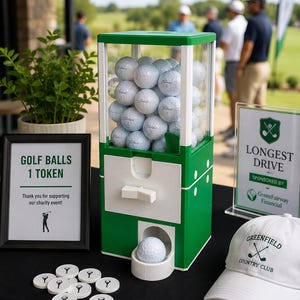 Könnte beinhalten: Ein grün-weißer Golfball-Spender gefüllt mit weißen Golfbällen. Ein Schild liest "GOLF BALLS 1 TOKEN". Auf dem Tisch liegt eine weiße Mütze mit "Greenfield Country Club". Golf-Token sind ebenfalls vorhanden.