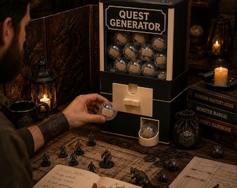 May include: A black and white tabletop quest generator machine with a clear front display filled with small plastic capsules. The machine features a dispensing slot at the bottom and the text QUEST GENERATOR printed in white on a black rectangular sign.