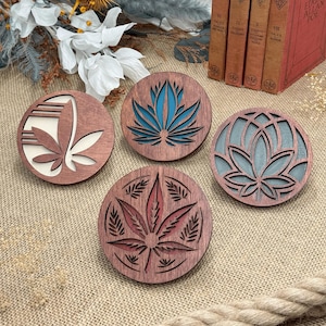 Wooden Coaster Set with Pot Leaf Design • Mahogany or Walnut Finish • Plant Lover Gift