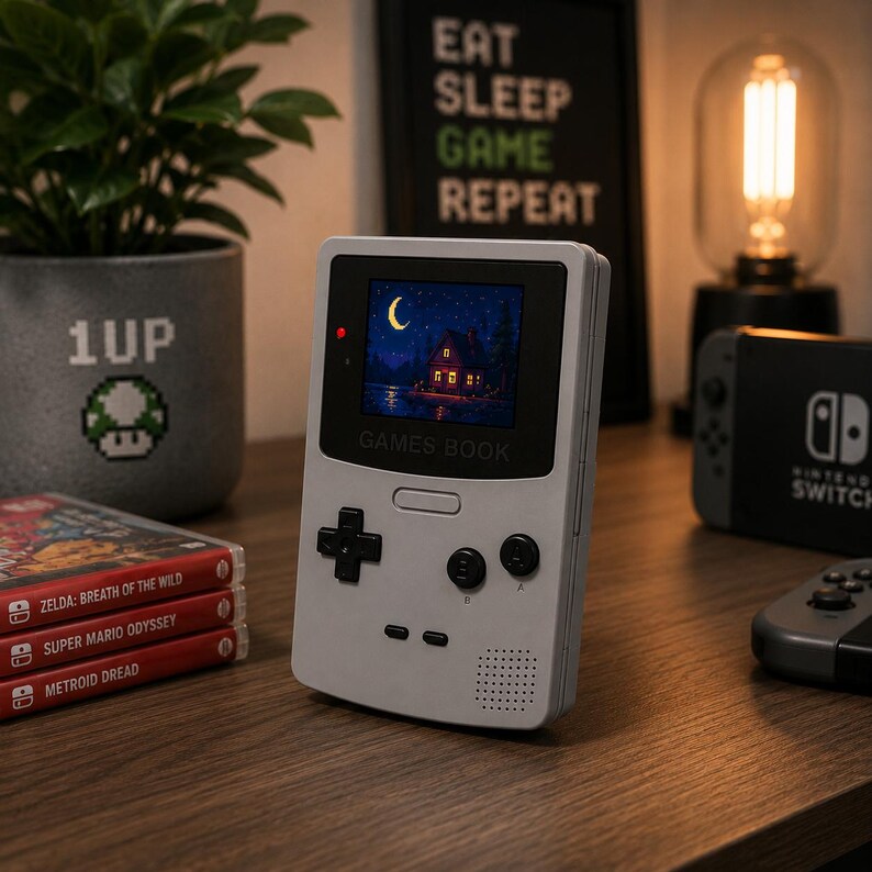 Op de afbeelding: Een lichtgrijze handheld gameconsole met een scherm waarop een nachtsc&egrave;ne te zien is. De console heeft zwarte knoppen en een D-pad. De tekst "GAMES BOOK" is zichtbaar. Er zijn ook game cartridges en een Nintendo Switch aanwezig.