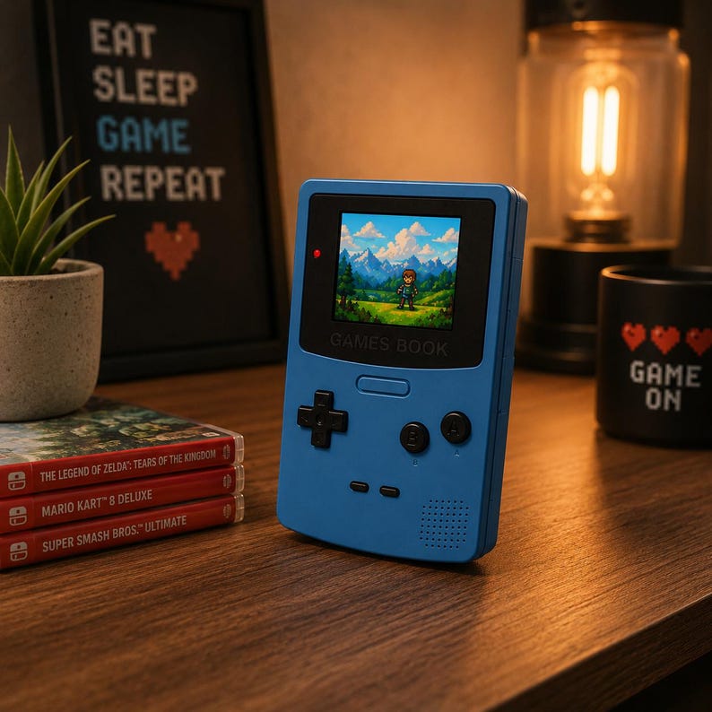 Op de afbeelding: Een blauw draagbaar gamingapparaat met een scherm waarop een videogame-sc&egrave;ne wordt weergegeven. Het apparaat heeft een D-pad en knoppen. De tekst "GAMES BOOK" is zichtbaar. Een ingelijst bord leest "EAT SLEEP GAME REPEAT". Gamecartridges zijn in de buurt opgestapeld.