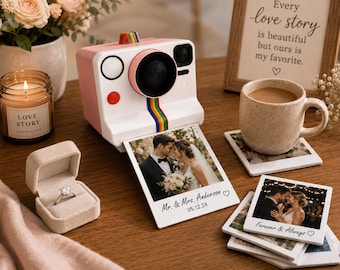 Personalized Wedding Photo Polaroid Coasters with Camera Holder | Anniversary Gift for Couple | Custom UV Printed Photo Coaster Set