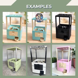 Six small capsule machines in various colors, including teal, black, light green, white, and pink, are displayed as examples.