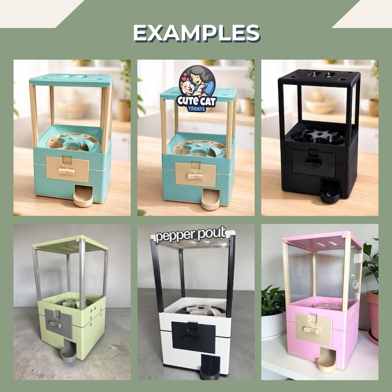 Six small capsule machines in various colors, including teal, black, light green, white, and pink, are displayed as examples.