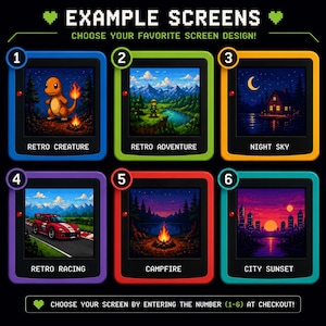 Op de afbeelding: Zes retro schermontwerpen worden getoond tegen een zwarte achtergrond, elk met een andere gekleurde lijst. De schermen tonen pixel art sc&egrave;nes: een wezen, avontuur, nachthemel, raceauto, kampvuur en zonsondergang in de stad. Tekst vraagt kopers om een scherm per nummer te kiezen.