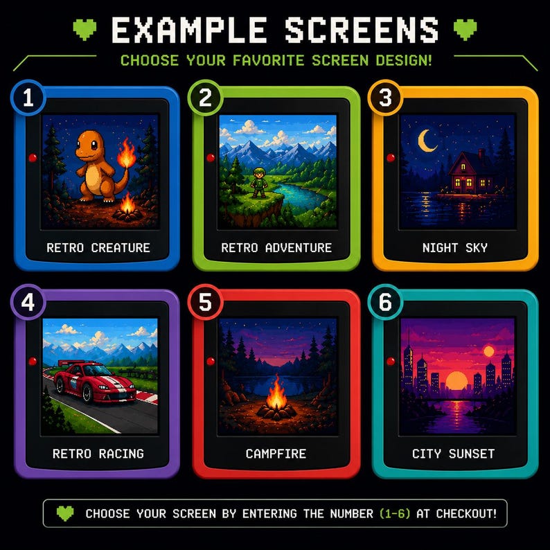 Op de afbeelding: Zes retro schermontwerpen worden getoond tegen een zwarte achtergrond, elk met een andere gekleurde lijst. De schermen tonen pixel art sc&egrave;nes: een wezen, avontuur, nachthemel, raceauto, kampvuur en zonsondergang in de stad. Tekst vraagt kopers om een scherm per nummer te kiezen.