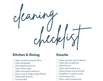 Może przedstawiać: Lista kontrolna sprzątania z ręcznie napisanym tytułem "cleaning checklist". Lista jest podzielona na cztery sekcje: Kuchnia i jadalnia, Główna łazienka, Łazienka i Toaleta. Każda sekcja zawiera listę zadań sprzątania z polami wyboru.