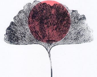 Ginkgo biloba en círculo salmón – Monotipo botánico original, Chine-Collé (A5)