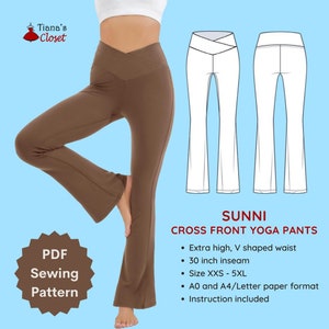 May include: A PDF sewing pattern for cross front yoga pants. The pattern includes instructions and is available in sizes XXS to 5XL. The pants have a high, V-shaped waist and a 30-inch inseam.