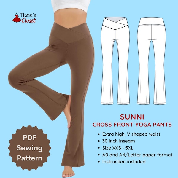 Sunni crisscross waist yoga pants - PDF sewing pattern | High waist flare leggings pattern | Printable sewing pattern | Tiana's Closet