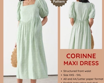 Robe midi à encolure carrée Corinne - Patron de couture PDF | Patron de couture numérique pour femme | Patron de robe à manches bouffantes | La penderie de Tiana