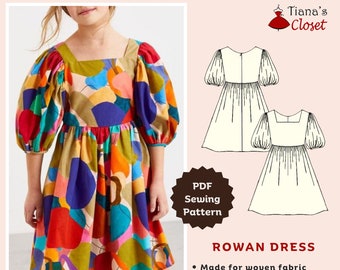 Rowan square neck puffed sleeve dress - PDF sewing pattern for kids | Digital sewing pattern for girls | Easy girl dress sewing pattern