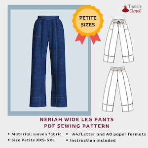 Puede incluir: Un patrón de costura PDF para pantalones de pierna ancha en tallas pequeñas. El patrón incluye instrucciones y está disponible en formatos de papel A4/Letter y A0. El patrón es para tejido tejido y viene en tallas XXS-5XL.