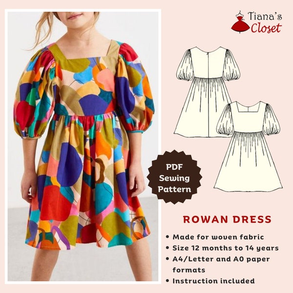 Robe Rowan à encolure carrée et manches bouffantes - Patron de couture PDF pour enfant | Patron de couture numérique pour fille | Patron de couture de robe de fille facile