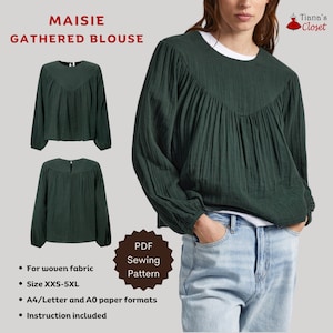 May include: A PDF sewing pattern for a green gathered blouse called "Maisie". The pattern includes sizes XXS-5XL and is available in A4/Letter and A0 paper formats. Instructions are included.