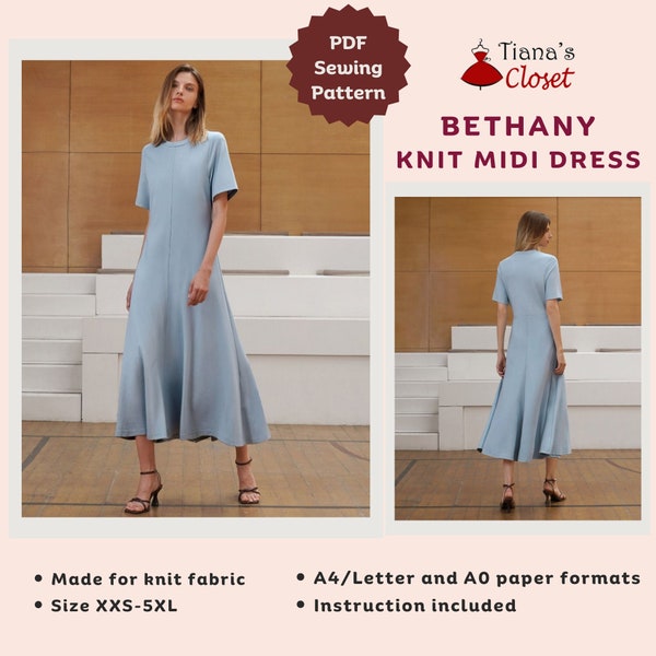 Robe midi en tricot Bethany - Patron de couture PDF | Patron de couture numérique pour femme | Patron de couture imprimable | Patron de robe facile à tricoter