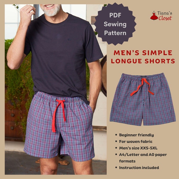 Men's simple lounge shorts - PDF sewing pattern | Simple lounge shorts for men | Easy sewing pattern for men | Tiana's Closet Sewing Pattern