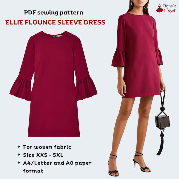 Ellie flounce sleeve dress | Digital sewing pattern for women | Printable sewing pattern | Easy dress pattern | Vintage style sewing pattern