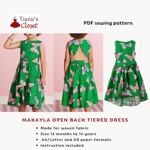 May include: PDF sewing pattern for a green tiered dress with a butterfly print. The dress has an open back and a bow at the waist. The pattern is for sizes 12 months to 14 years and includes instructions.