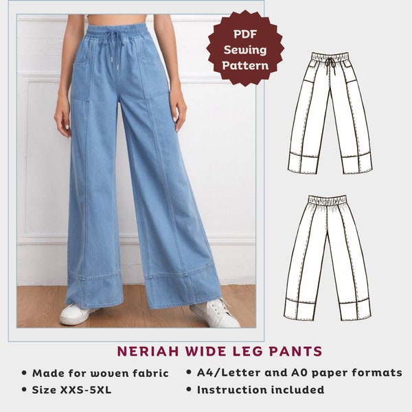 Neriah elastische Taille Hose mit weitem Bein - PDF Schnittmuster | Einfaches Schnittmuster für Frauen | Damen druckbares Schnittmuster