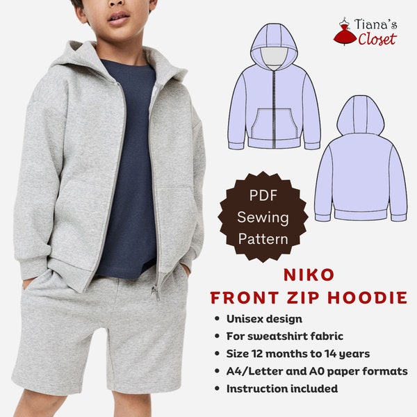 Sweat à capuche zippé sur le devant pour enfant Niko - Patron de couture PDF | Modèle de couture numérique pour enfants | Modèle de couture imprimable | Patron de couture unisexe