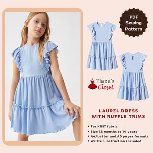 Laurel sleeveless dress with ruffle trims PDF sewing pattern for kids Digital sewing pattern for girls Tiana's Closet Sewing Patterns image 1