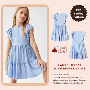 Peut inclure: Patron de couture PDF pour une robe bleue avec des volants. La robe est conçue pour un tissu en tricot et est disponible en tailles pour les enfants de 12 mois à 14 ans. Le patron comprend des instructions et est disponible aux formats A4/Letter et A0.