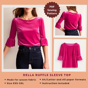 May include: A PDF sewing pattern for a pink, ruffle-sleeve top. The pattern includes instructions and is available in A4/Letter and A0 paper formats. The top is designed for woven fabric and comes in sizes XXS-5XL.