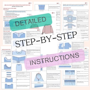 May include: Detailed step-by-step sewing instructions for a drop shoulder ruffle sleeve blouse. The instructions include diagrams and text.
