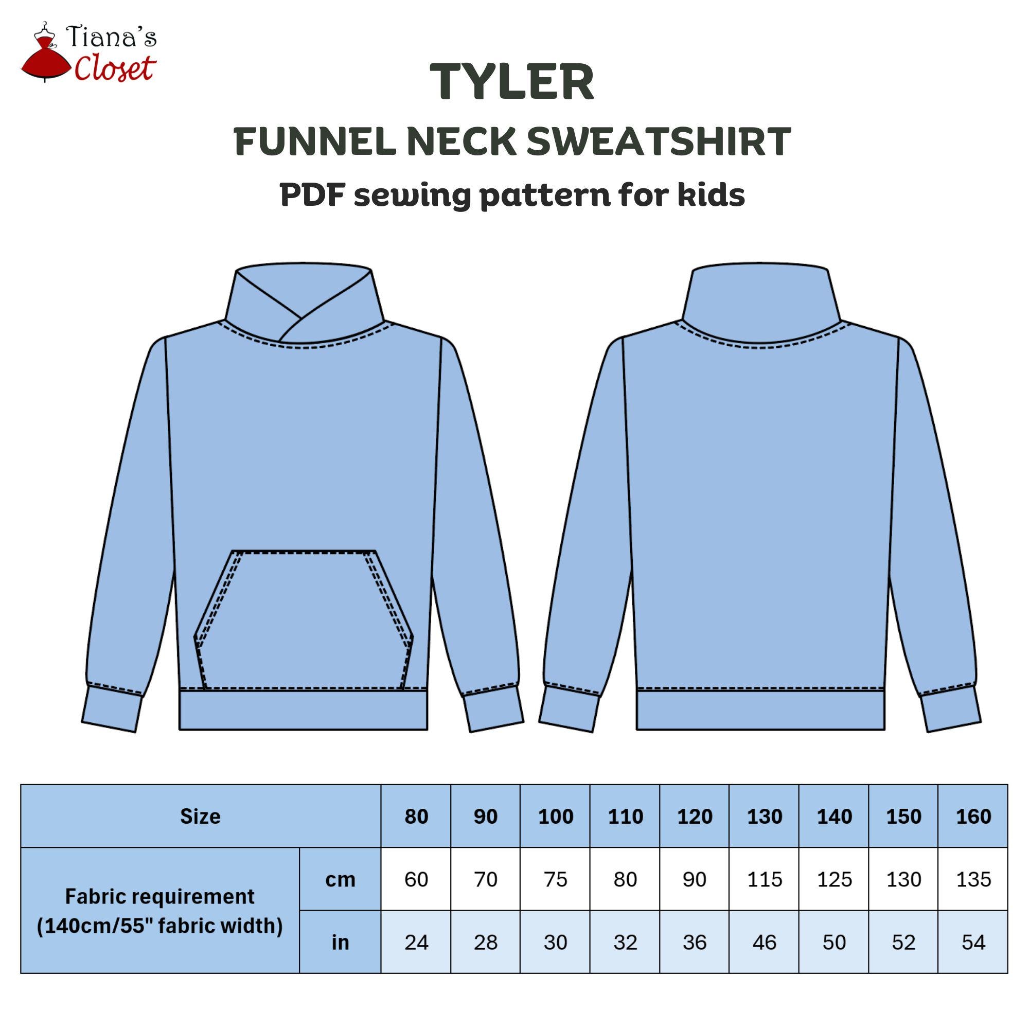 Craft Fabric Layered U-neck T-shirt サイズ0 Tyler Funnel Neck Sweatshirt PDF Sewing Pattern for Kids